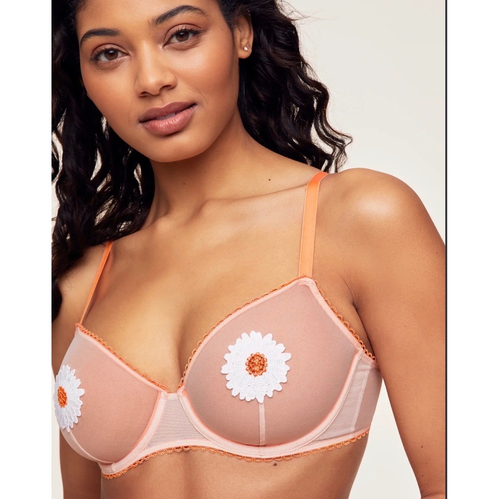 NWOT Adore Me Alysha Unlined Demi Orange Daisy Sheer Mesh Underwire Bra 34B